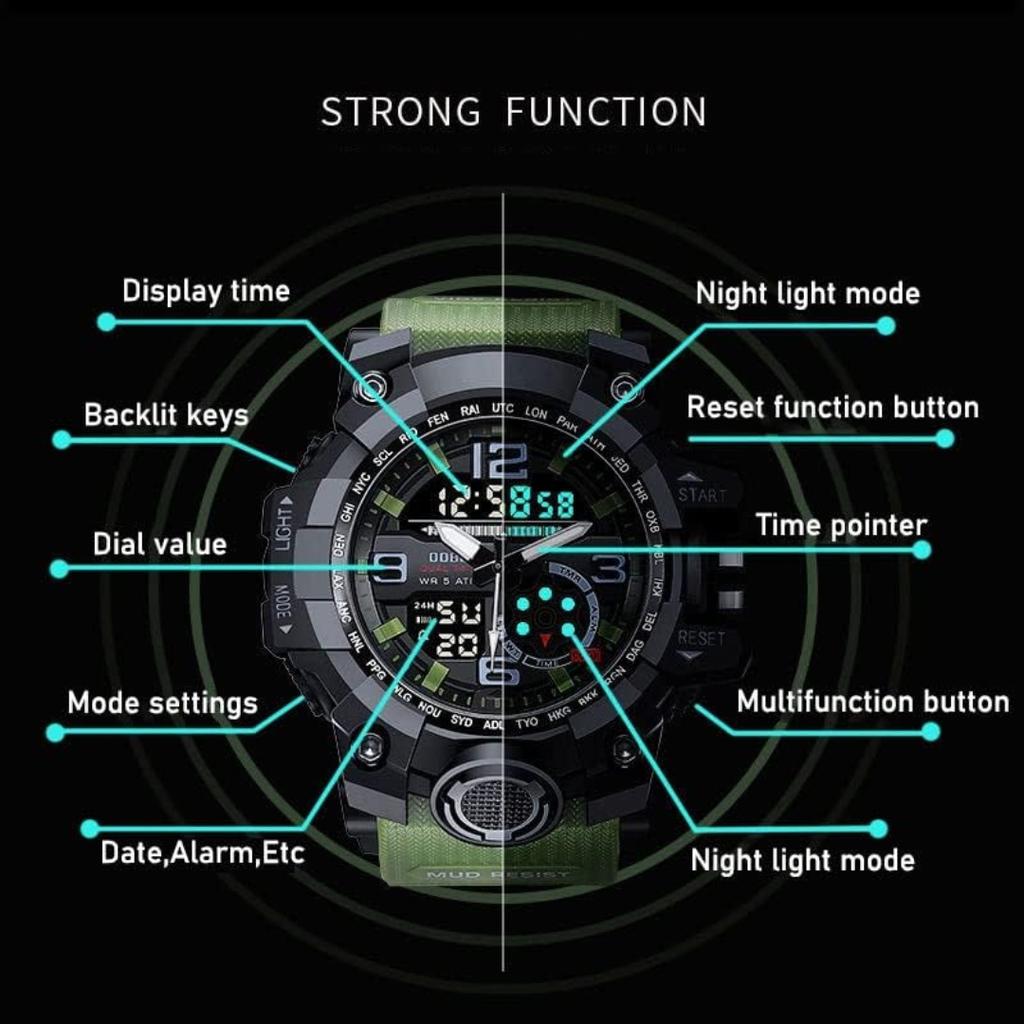 Аналоговые цифровые часы с двойным дисплеем, многофункциональные, с открытой кнопкой, водонепроницаемые, мужские часы, подходящие для занятий спортом и бега