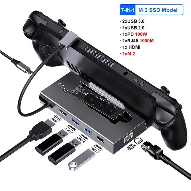 Док-станция 7 в 1 Type C для Steam Deck M.2 SSD NVMe SATA 4K@60 Гц Адаптер Type C - HDMI PD 100 Вт RJ45 1000 Мбит/с Gigabit Ethernet USB3.0 Hub