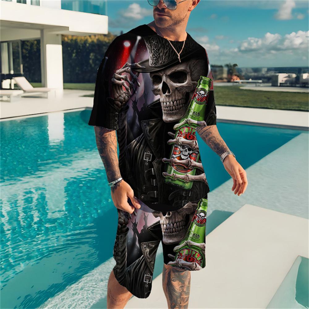 Летняя мужская футболка с коротким рукавом, шорты, костюм с 3D принтом, европейско-американский алфавит, скелет, костюм большого размера, трендовый повседневный пляжный костюм
