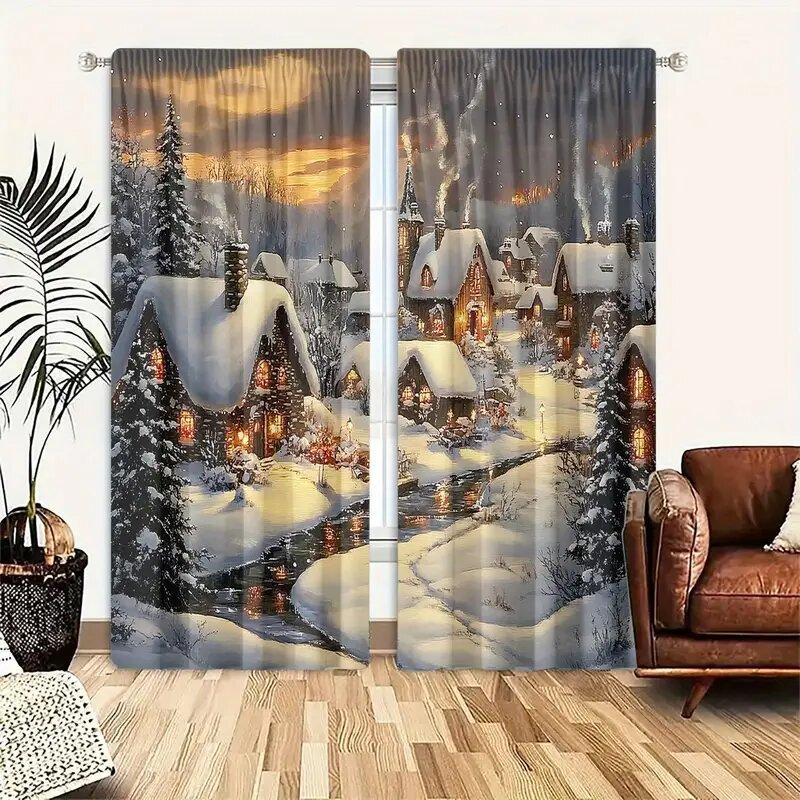 2 Pcs Christmas Snow House print curtains suitable for bedroom living room kitchen decoration home decoration window decoration