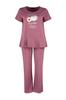 Женский стиль плюс размер бордовый красный вязаный пижамный комплект с короткими рукавами и принтом