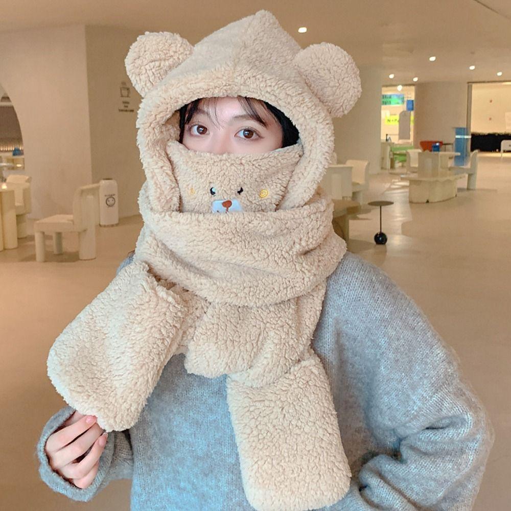 Hat With Earmuffs Cute Cap Korean Cap With Mask Scarf Women Plush Hat Winter Gloves Lamb Fleece Hat