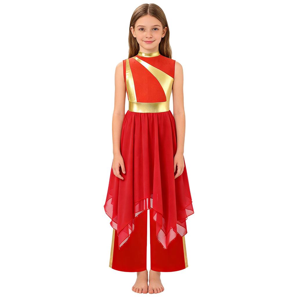 Girls Metallic Patchwork Sleeveless Dress Lyrical Dance Outfit Wide Leg Pants