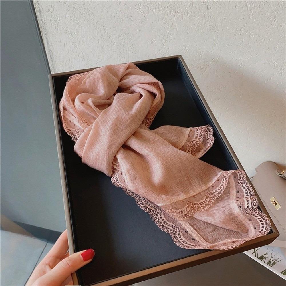 Solid Color Cotton Linen Scarf Lace Edge Silk Scarf Literary Flaxen Lace Scarf  for Women