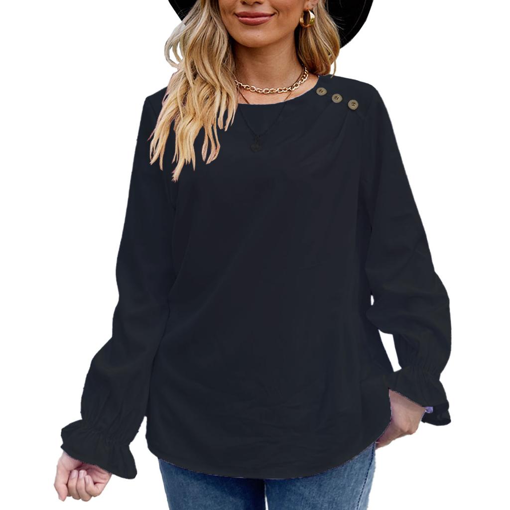 GMXIA Женская осенняя футболка с круглым вырезом и длинными рукавами, однотонная, на пуговицах, свободный женский топ