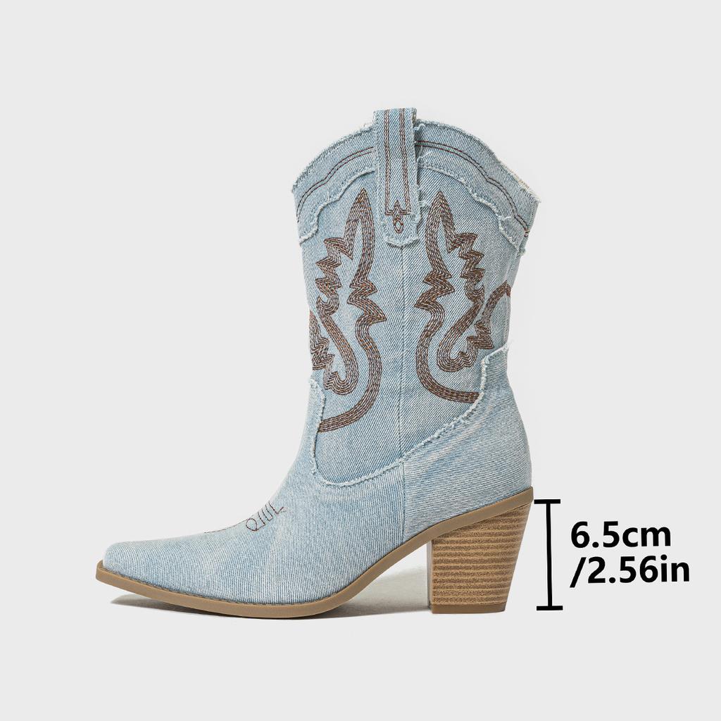 Women's Vintage Fashion Embroidered Pointed-toe Chunky-heel Boots Plus Size Spring Autumn Mid-calf Cowboy Boots