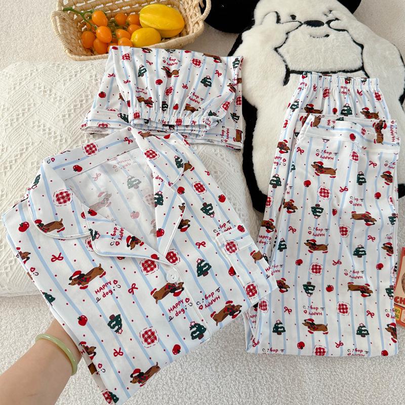 Мультяшный Дачхунд в горошек и полоску Женский пижамный комплект - С коротким рукавом, в корейском стиле, Домашняя одежда из трех предметов.