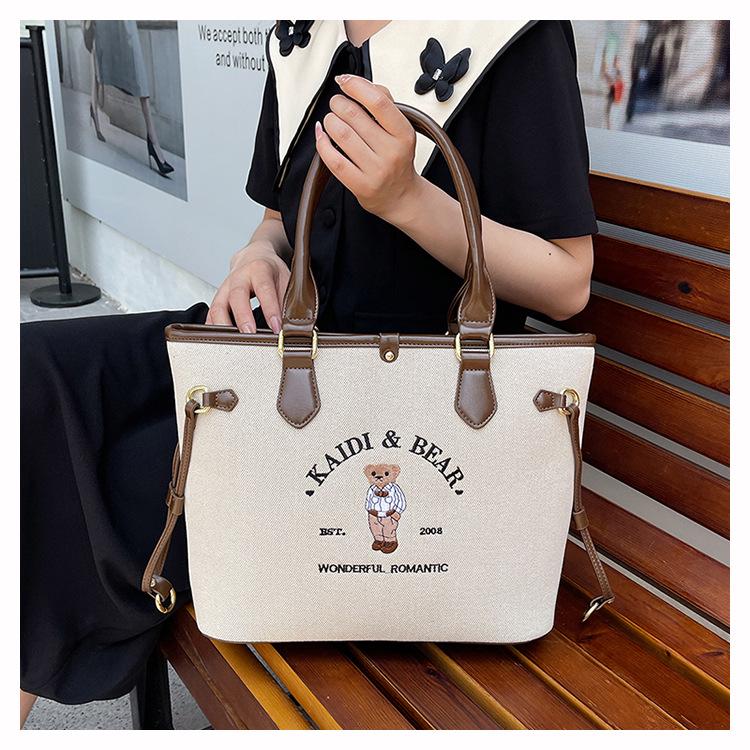 Katie Bear Retro Embroidery Color Block Large Capacity Shoulder Tote Bag 2025