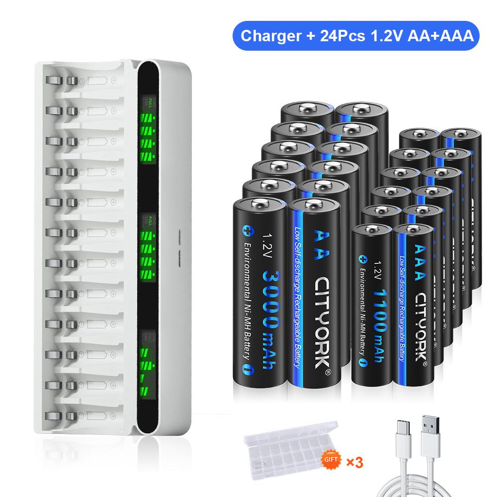 Charger and Battery Combo Kit 12 Slot Smart LCD USB/Type-C Hybrid 1.2V Battery Charger + 1.2V AA/AAA NiMH Rechargeable Battery