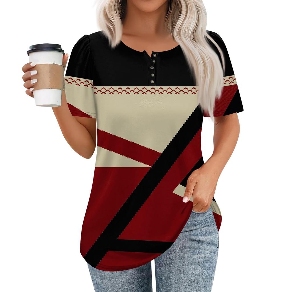 Женский модный повседневный короткий рукав пуловер с принтом на пуговицах и круглым вырезом