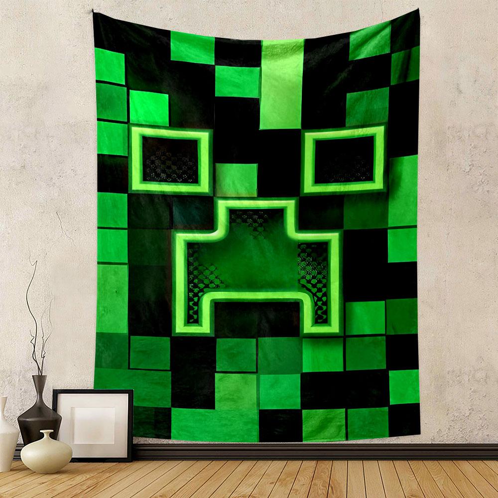 Pixelated Green Creeper Face Design Patterned Tapestry Decorative Wall Hanging, Home Bedroom Living Room Decor