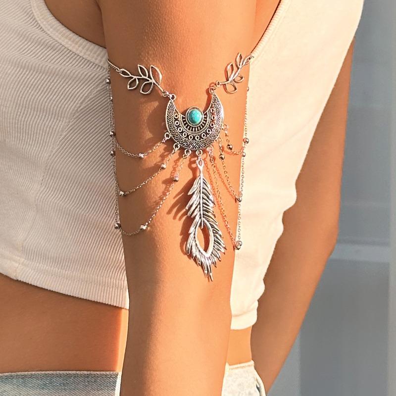Vintage Feather Leaf Tassel Metal Chain Armbands Bracelet for Women Girls Bohemia Punk Arm Bangle Jewelry