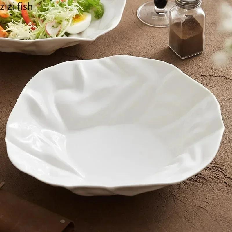 Pure White Ceramic Pleated Plate Restaurant Irregular Soup Plate Salad Plate Pasta Dessert Plates Cooking Specialty Tableware