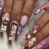24pcs Reusable Adhesive Fake Nails French Long Ballet Pink Rose Contrast Line Press On Nails