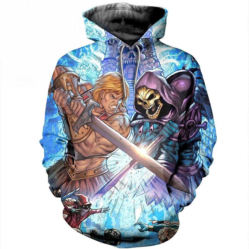 Mythical Combat Print Hoodie, Mixed Sword Hero and Magical Beast Illustrations Full Graphic Loose Pullover, Great for Casual Street Sports