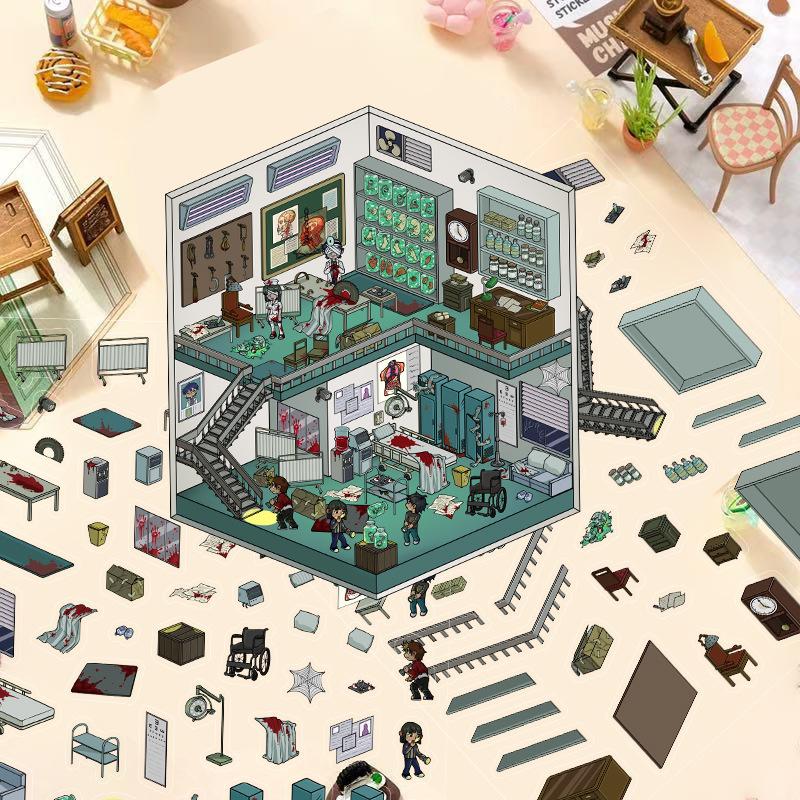 Cartoon Landscape Stickers Multiple Miniature World 3D Hut Unzip DIY Scene Manual Post