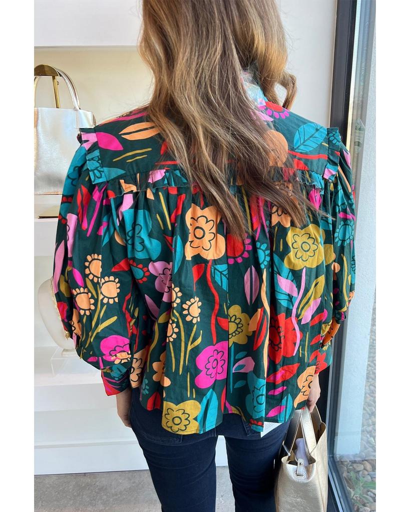 Azura Exchange Green Floral Knot Split Neck Puff Sleeve Blouse