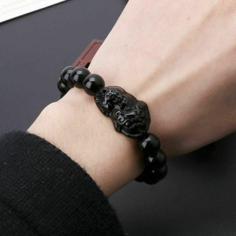 Feng Shui Pixiu Women Attract Wealth Wristband Bracelets Obsidian Stone Beads Good Luck Bangle