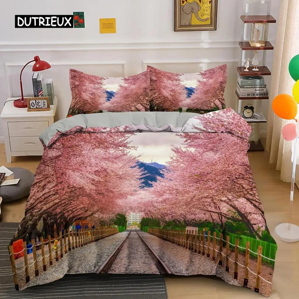 Plum Blossom Duvet Cover Collection King Pink Flower Quilt Cover For Girls Microfiber Branches Printed Bedding Collection