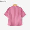 ZANZEA Women Summer Stand Collar Casual Short Sleeve Satin Blouse
