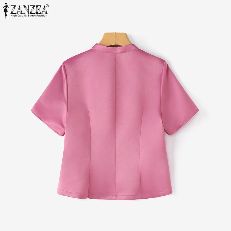 ZANZEA Women Summer Stand Collar Casual Short Sleeve Satin Blouse
