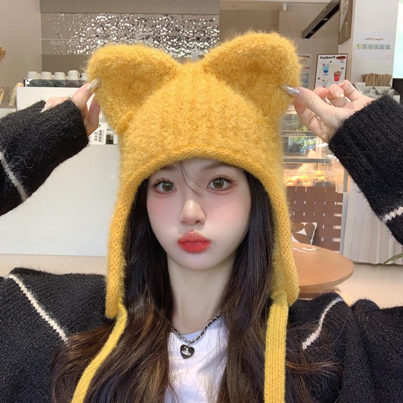 Bear Knitted Hat Children's Winter Plush Warm Ear Protector Wool Hat Sweet Versatile Face Small Pullover Hat