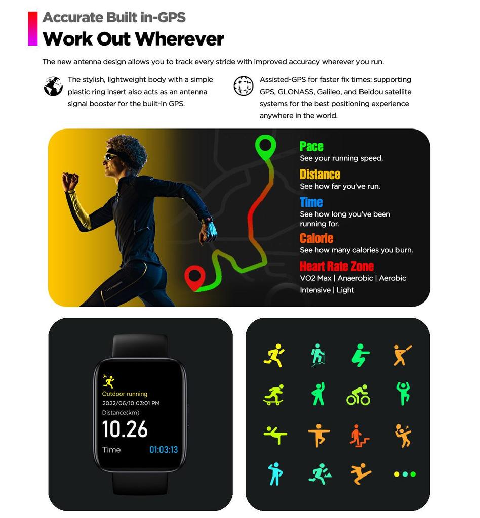 Zeblaze Умные часы Beyond 2 с GPS, 1,78-дюймовый AMOLED-дисплей, встроенный GPS, 24-часовой монитор здоровья, 200+ циферблат, умные мужские часы