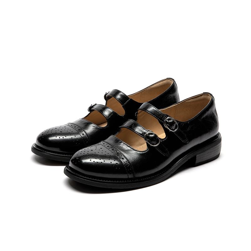 Cowhide Hollow Mary Jane Shoes with Double Straps