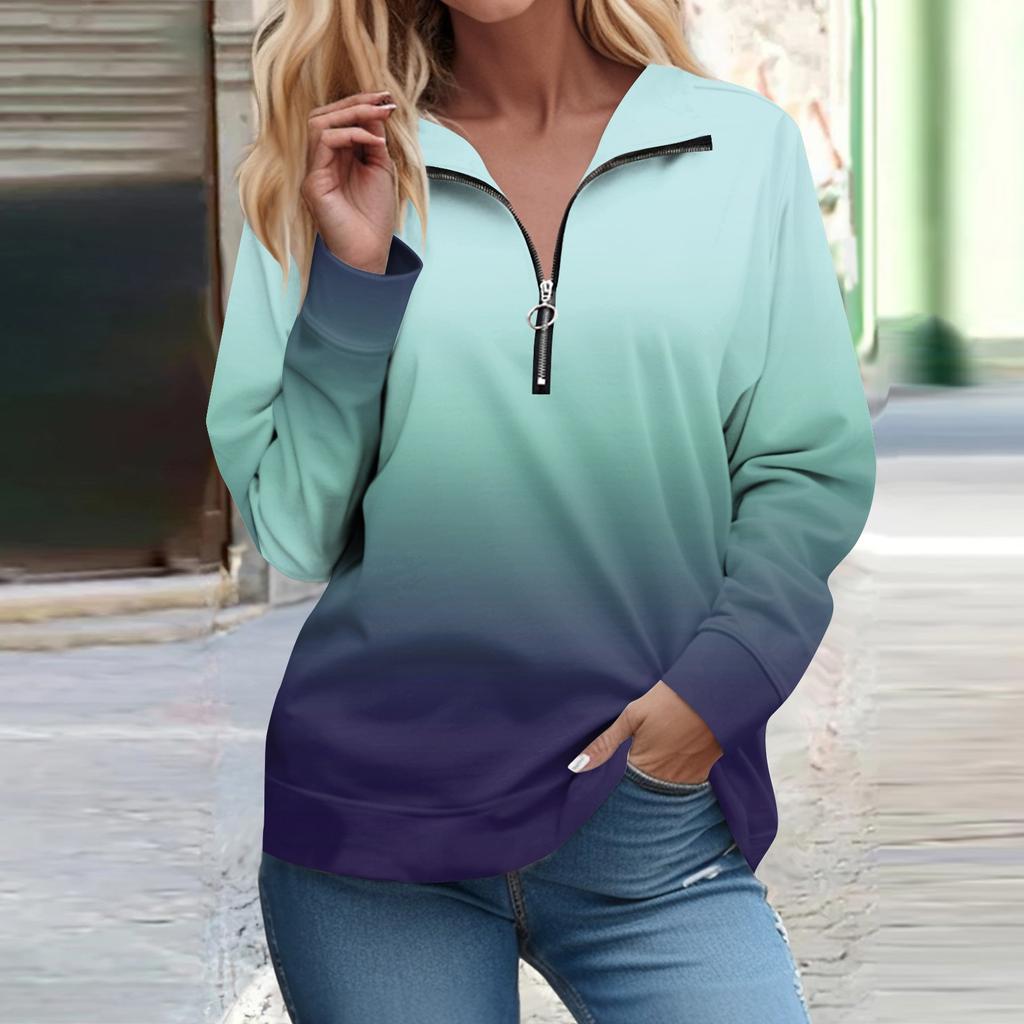 Рубашки на молнии с длинным рукавом для женщин Градиентная печать Графические футболки Блузки Повседневные топы Пуловер