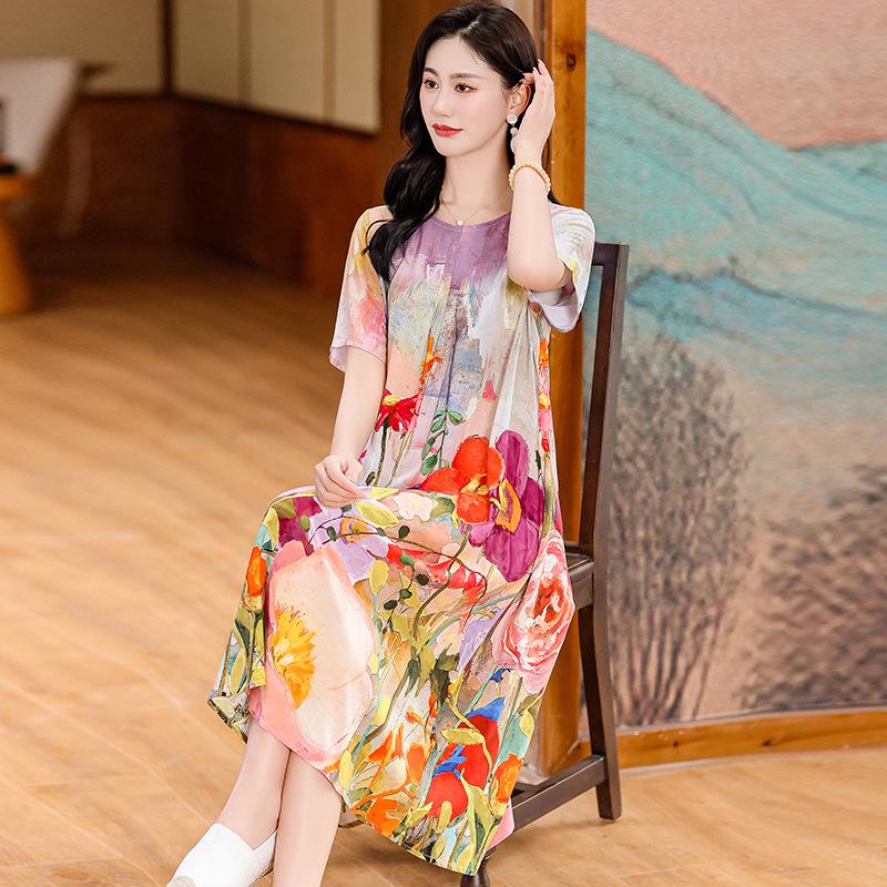 Летнее этническое миди-платье с цветочным принтом из хлопка и шелка – с коротким рукавом, свободного кроя, стройнящая накидка для мам
