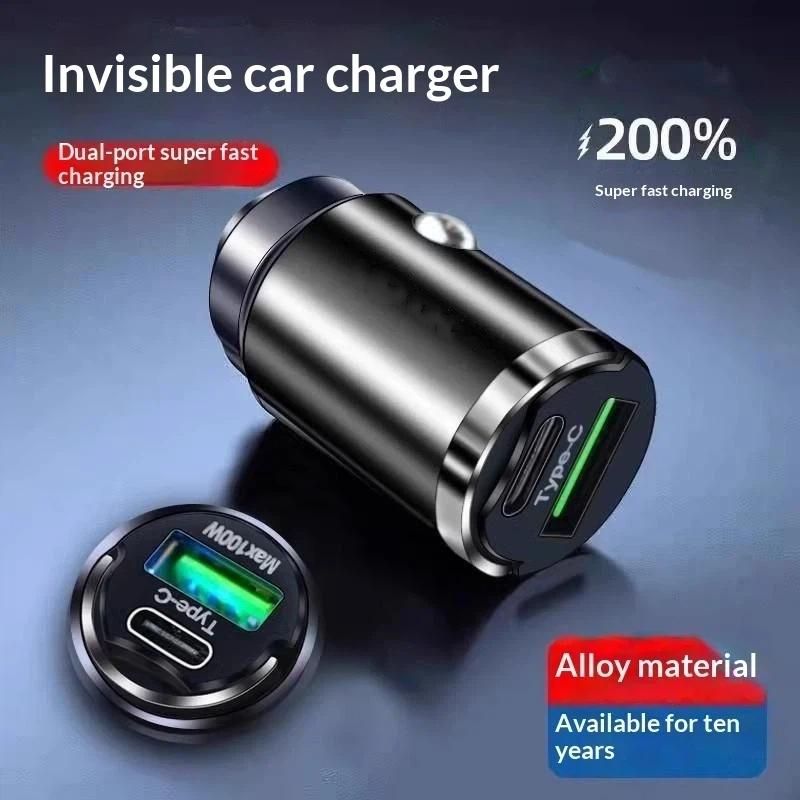 Мини автомобильное зарядное устройство 100 Вт Type C Двойной USB Быстрая зарядка для 15 Pro Max Розетка Зарядное устройство от прикуривателя
