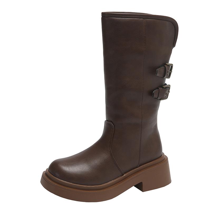 Модные женские сапоги из искусственной кожи на толстом каблуке до середины голени, классические однотонные сапоги на платформе с двойной металлической пряжкой, осенние сапоги с круглым носком Mujer