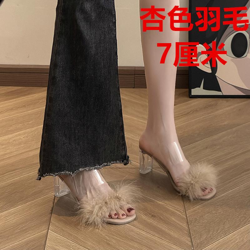 Пушистые тапочки Fairy Wind, женская летняя верхняя одежда 2025 года, новые толстые каблуки, одно слово, крутые тапочки с кристаллами на высоком каблуке