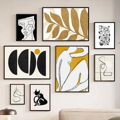 Лицо Линия Девушка Тело Листья Кот Геометрия Абстрактные Постеры и Принты Настенное Искусство Холст Живопись Картины для Гостиной Домашний Декор