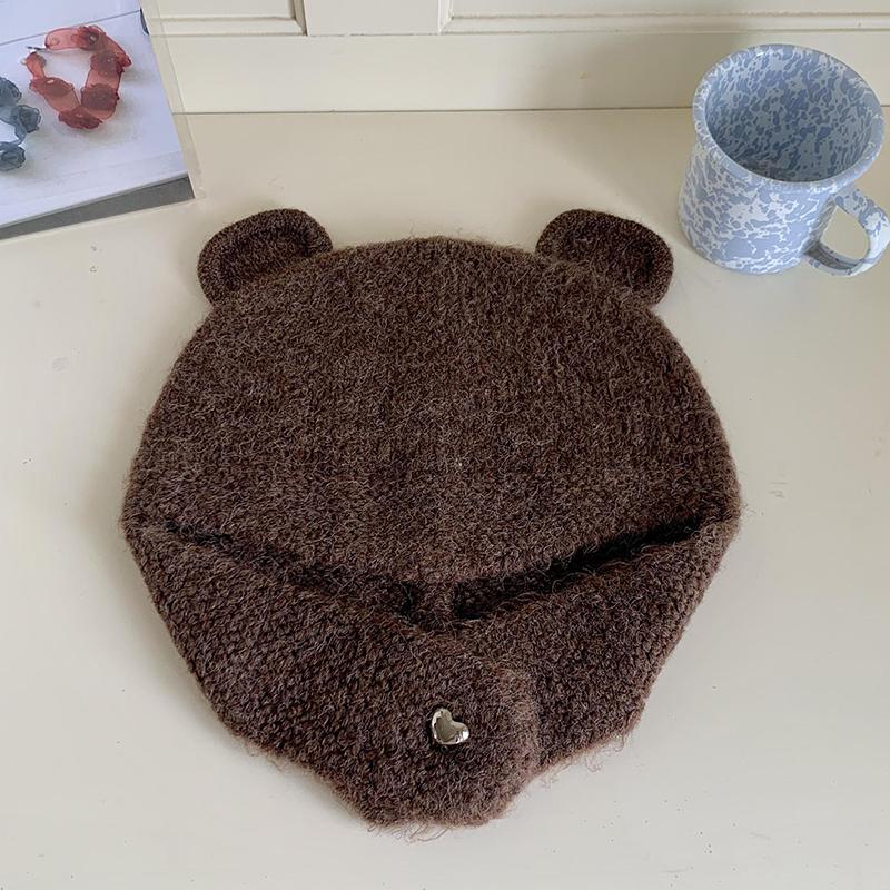 Женская зимняя японская симпатичная вязаная шапка-бомбер с ушками, круглая шапка с медвежьими ушками, защитные шапочки-бини