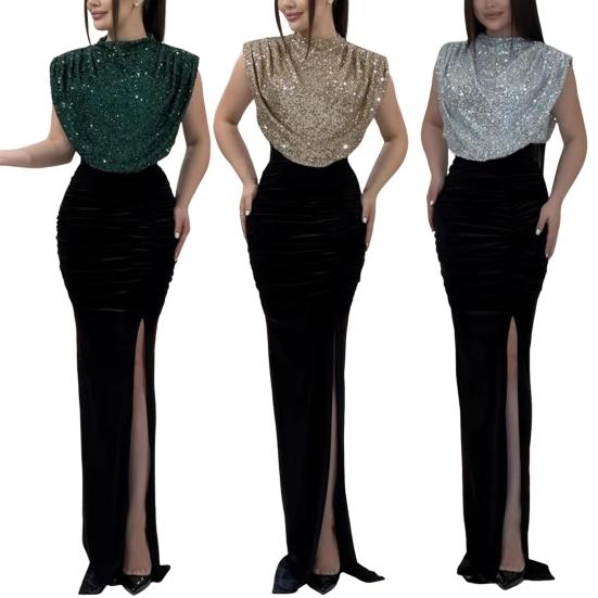Женское блестящее платье с круглым вырезом, без рукавов, с высокой талией, длинное платье с пайетками, вечернее платье
