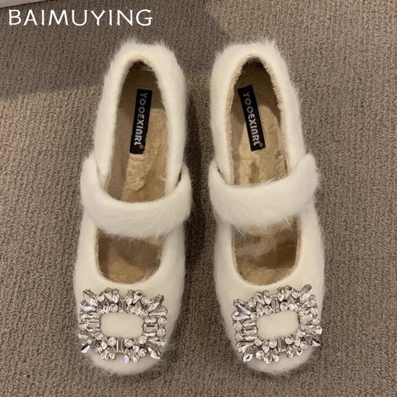 Женские туфли Мэри Джейн из кристальной замши на низком каблуке с пряжкой, зимние трендовые элегантные туфли-лодочки для вечеринки Zapatos Mujer 2025 года