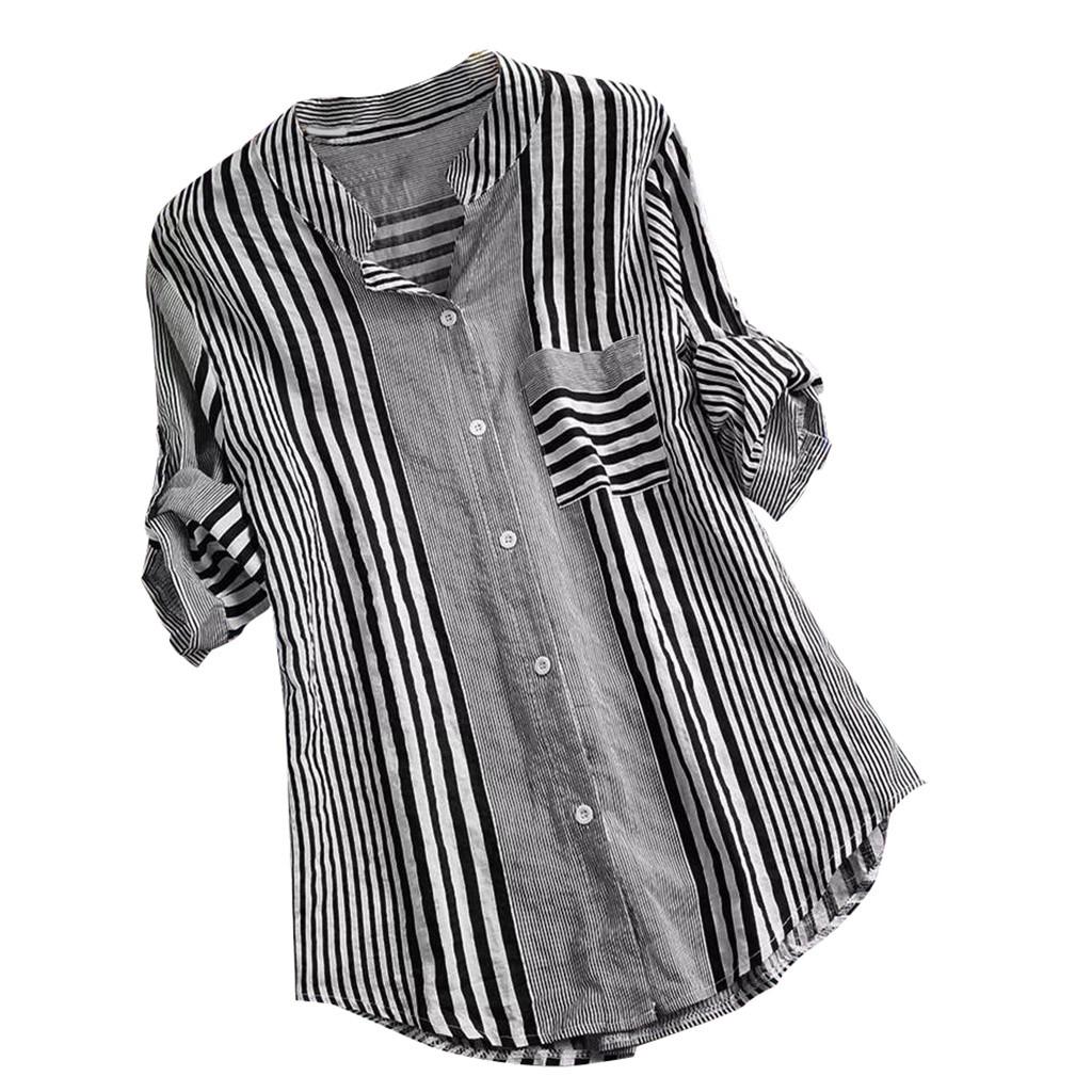 Plus Size Womens Three Quarter Striped Print V-Neck Loose Fit Top T-Shirt Blouse