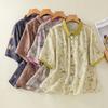 Floral Cotton and Linen Shirt Women's 2025 Summer New Retro Casual Single-breasted Lapel Short-sleeved Cardigan Top