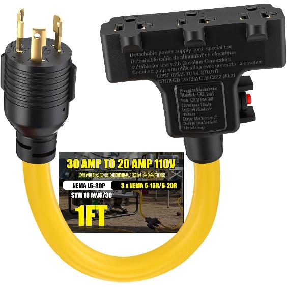 Kanayu Overload Protector 30 Amp to 110V RV Generator Distribution Adapter Cord Compatible with NEMA TT-30P to 3X 5-15R/5-20R, 30A to 15/20A,