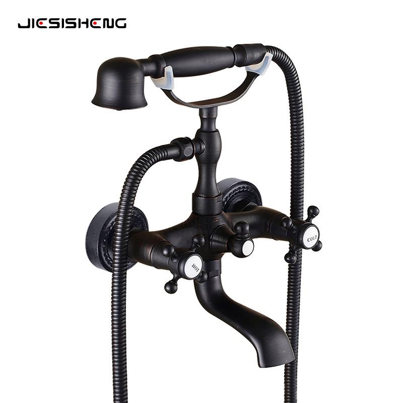 Wall-Mounted Antique Brass Bathtub Faucet with Handheld Shower Set