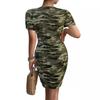 Женское повседневное облегающее короткое платье с короткими рукавами и V-образным вырезом с камуфляжным принтом