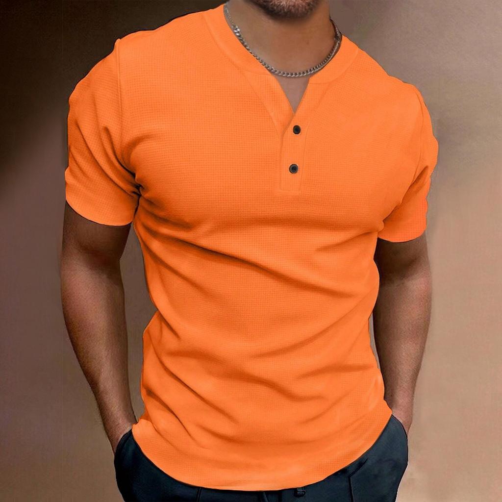 Мужская однотонная рубашка с V-образным вырезом и пуговицами, мужская спортивная рубашка с коротким рукавом