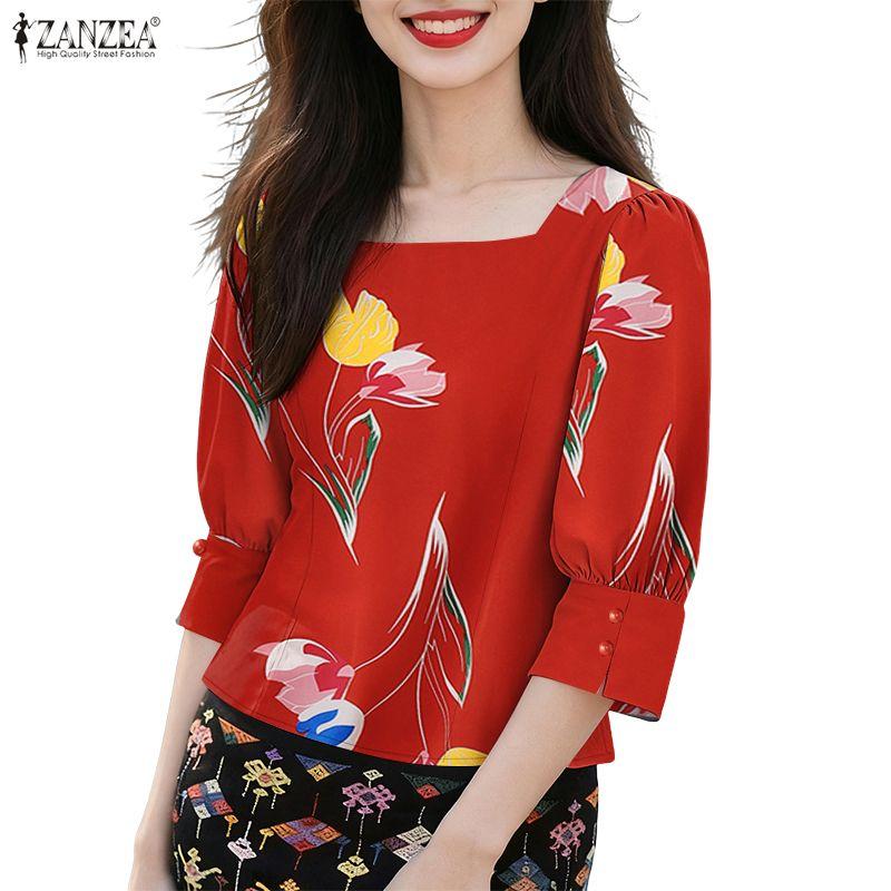 ZANZEA Women Casual Square Collar Summer 3/4 Sleeve Print Blouse