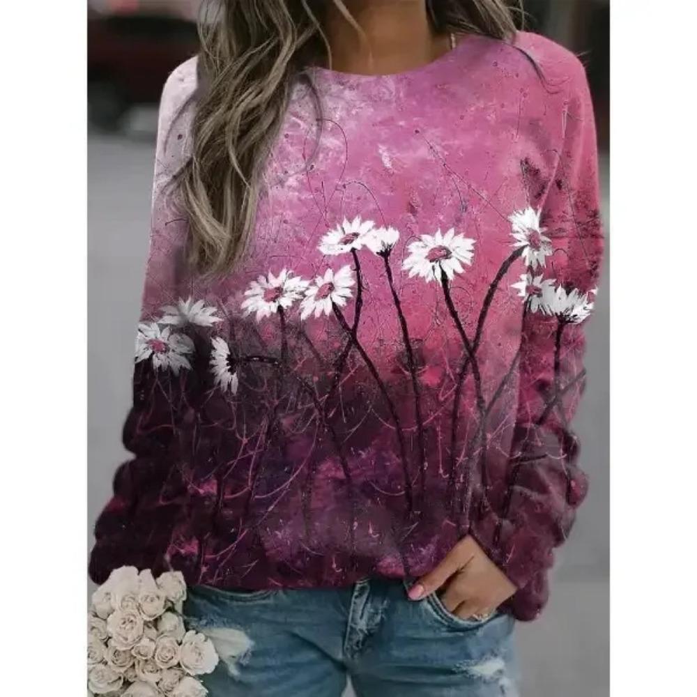 Casual Retro Long Sleeve Sweatshirt 3D Digital Print Round Neck Women's Fashion Polyester Fiber Full Length Cotton Blend