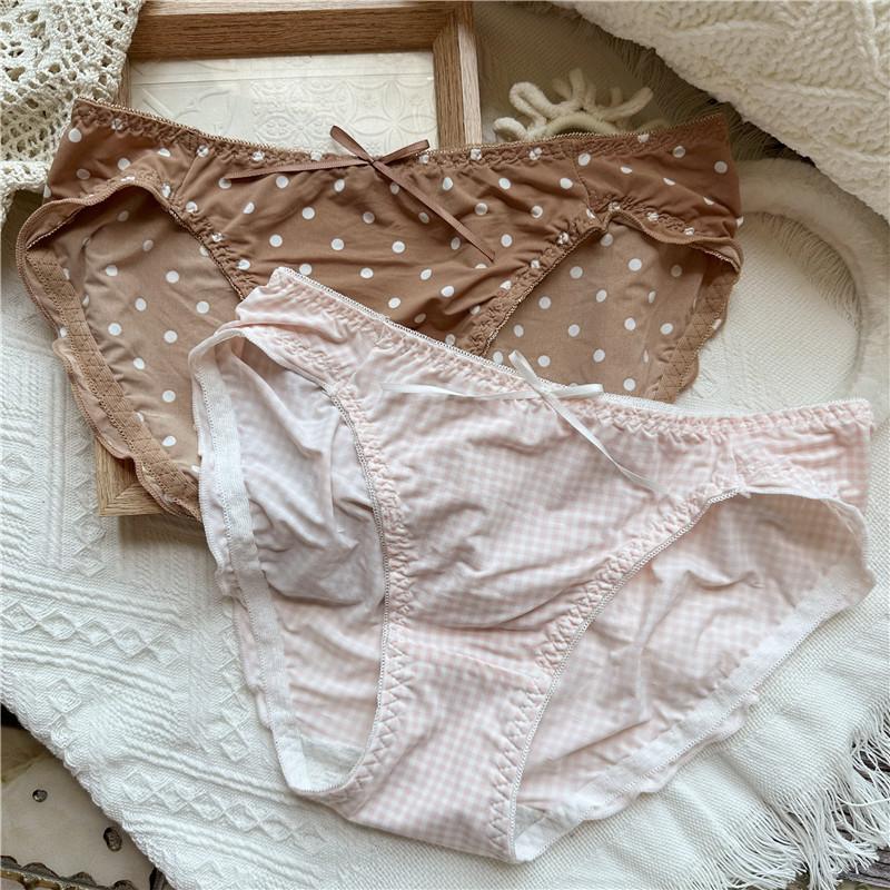 Женские милые женские трусики в клетку с милым рисунком из ледяной шелкографии и цветов в горошек с фланцами и низкой посадкой