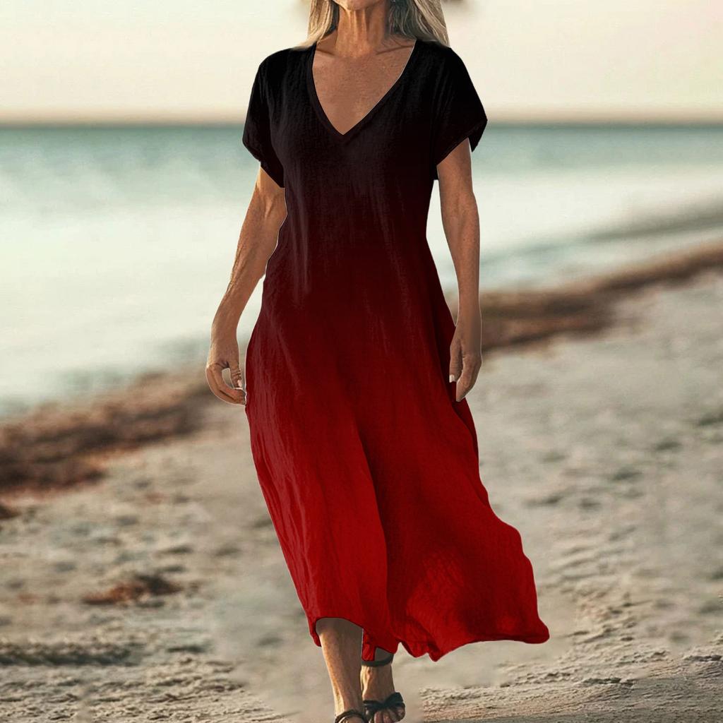 Women's Summer V-Neck Short Sleeve Cotton Linen Gradient Printed Loose Beach Dresses
