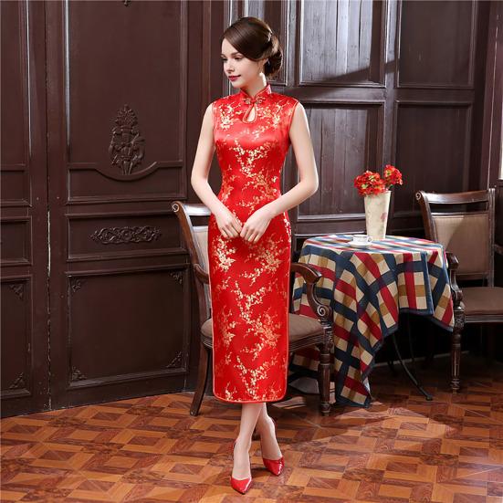 Women Summer Cheongsam Stand Collar Floral Print Hollow Out Split Hem Sleeveless Qipao Slim Fit Retro Chinese Style