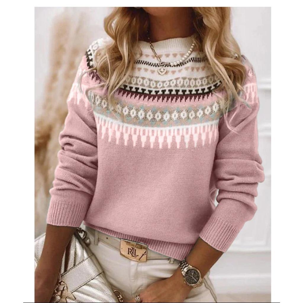 Свитер, Женский, Круглый вырез, Цветной блок, Свободный крой, Пуловер, Вязаный свитер, Теплый, Повседневный топ