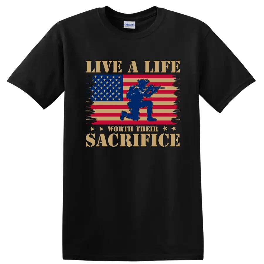Live A Life Worth Their Sacrifice American Flag Soldier T Shirt Military Tee
